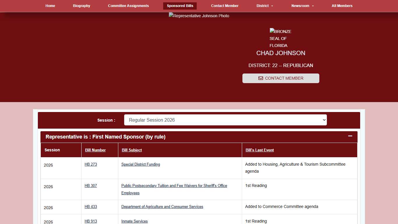 Representative Chad Johnson 2026- Sponsored Bills | Florida House of Representatives