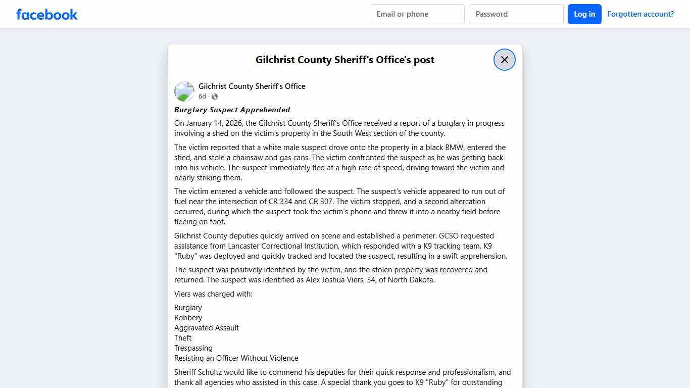 𝘽𝙪𝙧𝙜𝙡𝙖𝙧𝙮 𝙎𝙪𝙨𝙥𝙚𝙘𝙩... - Gilchrist County Sheriff's Office | Facebook